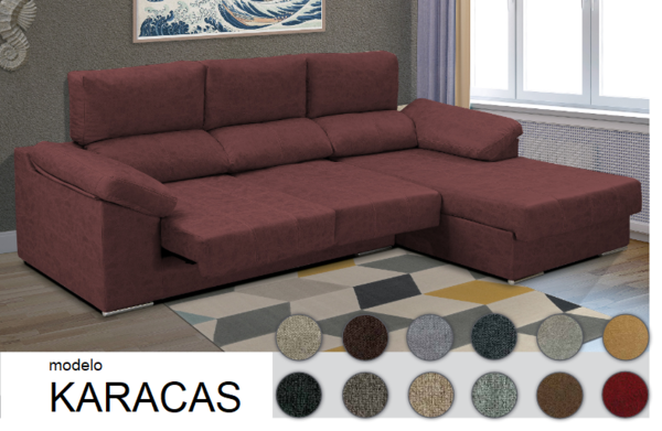 Sofa chaise longue KARACAS con tela MAGNOL rojo con envio gratis
