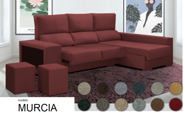 Sofa chaise longue MURCIA con tela MAGNOL rojo con envio gratis